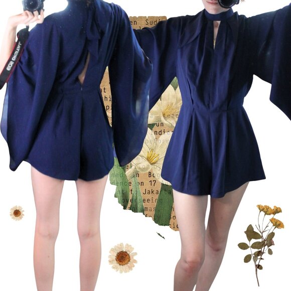 Bell Sleeve Navy Chiffon Romper - Picture 2 of 3